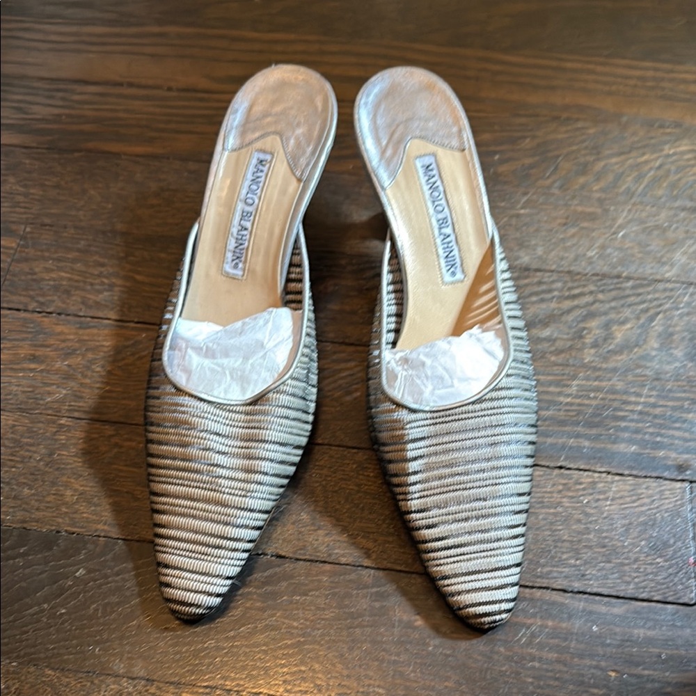 Manolo Blahnik Women's Black and Silver Mules